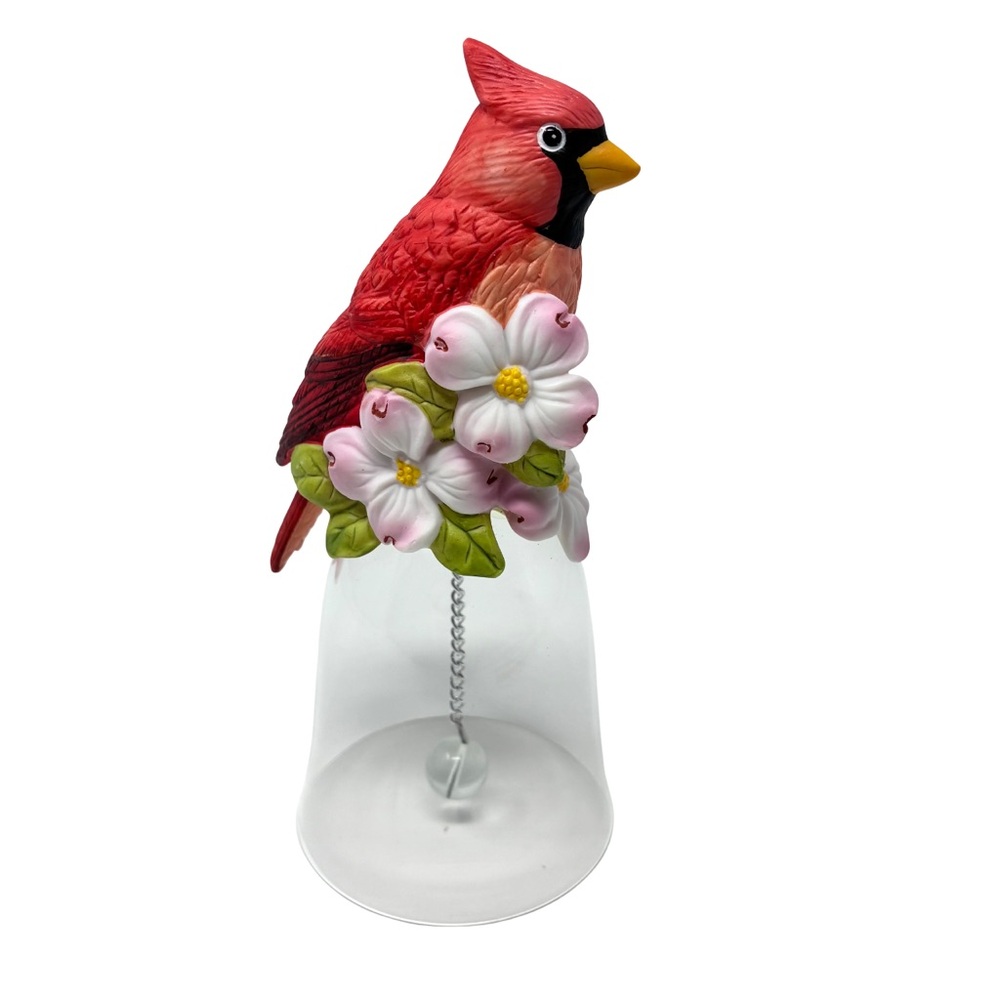 Red Cardinal Bird Ceramic Figurine on Crystal Glass Bell Silver Chain Glass Ball